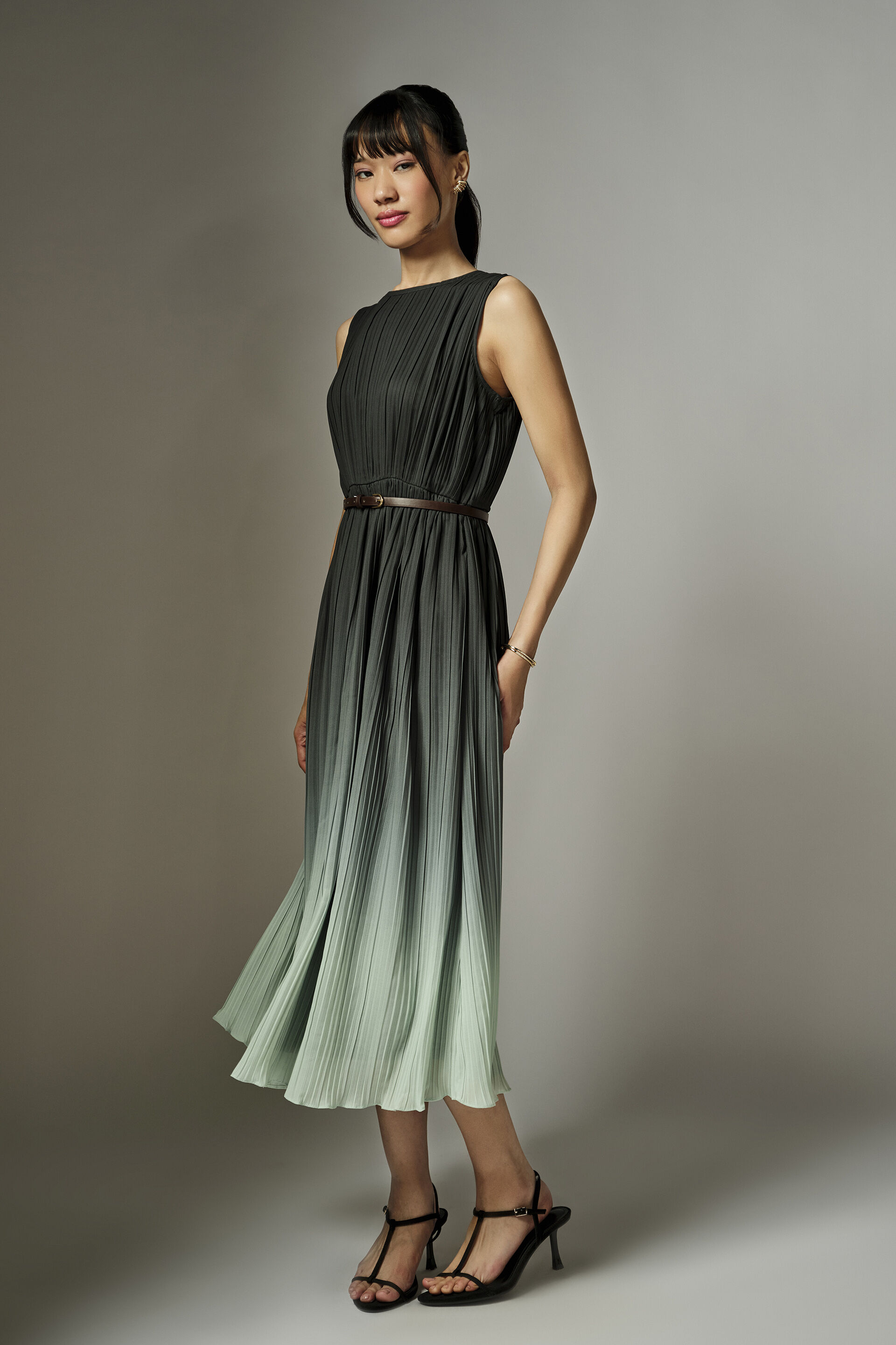 Clara Pleated Midi Dress, Green, image 4